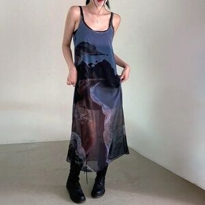 beach graphic mesh maxi dress